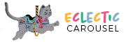 eclectic carousel logo, cat illustrated to mimic carousel horse