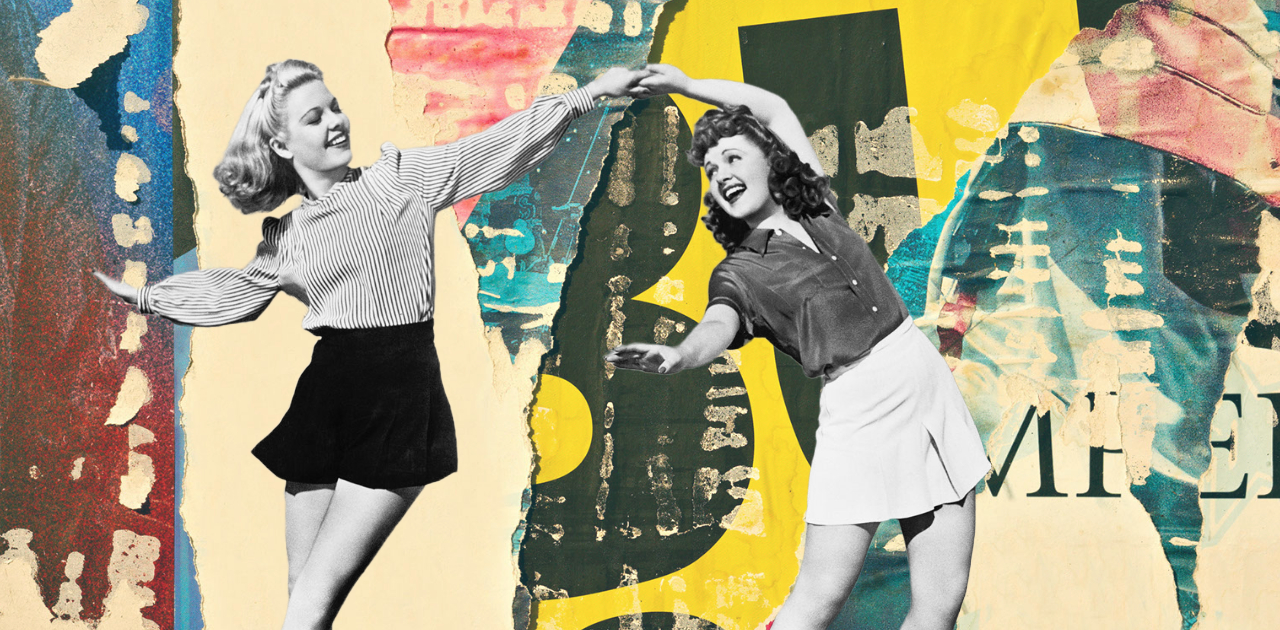 collage artwork featuring two happy dancers